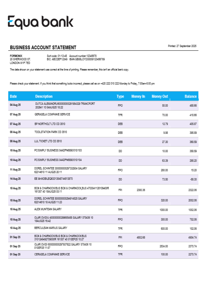 Modèle Word et PDF de relevé de compte de la banque Equabank